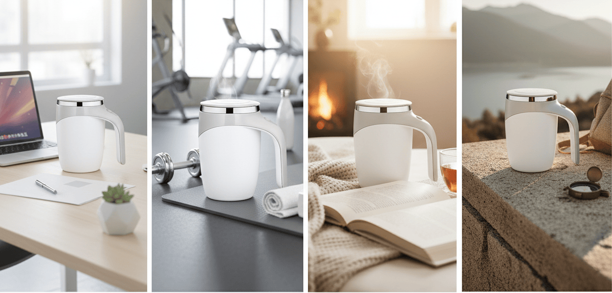 Lifestyle banner with Motomug logo featuring office, gym, home and travel settings